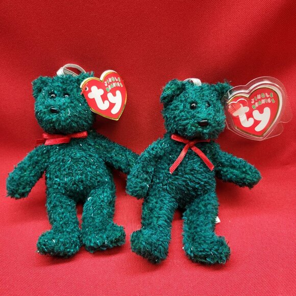 Holiday Green Teddy Ty Jingle Beanies Set of 2 Plush Christmas Ornaments 2004 - Picture 10 of 12